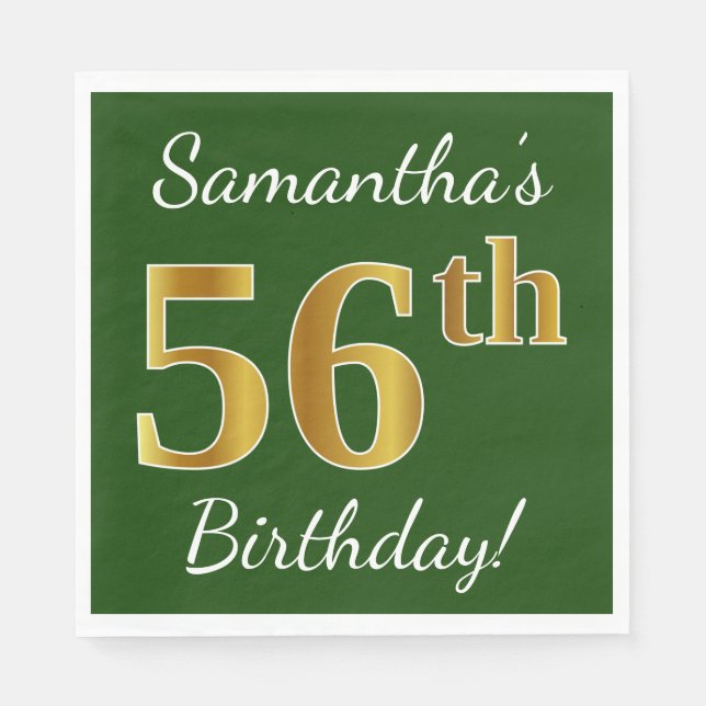 Green, Faux Gold 56th Birthday + Custom Name Napkin (Front)