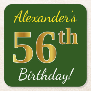 Green, Faux Gold 56th Birthday + Custom Name Square Paper Coaster