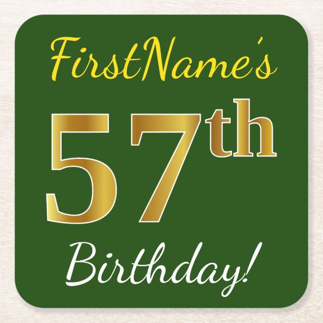 Green, Faux Gold 57th Birthday + Custom Name Square Paper Coaster (Front)