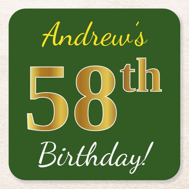 Green, Faux Gold 58th Birthday + Custom Name Square Paper Coaster (Front)