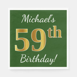Green, Faux Gold 59th Birthday + Custom Name Napkin