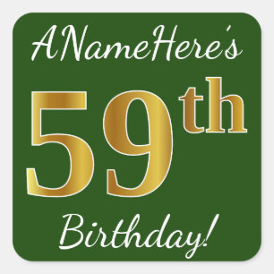 Green, Faux Gold 59th Birthday + Custom Name Square Sticker