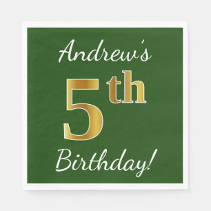 Green, Faux Gold 5th Birthday + Custom Name Napkin
