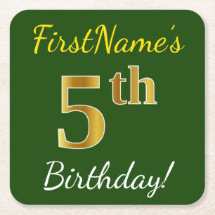 Green, Faux Gold 5th Birthday + Custom Name Square Paper Coaster
