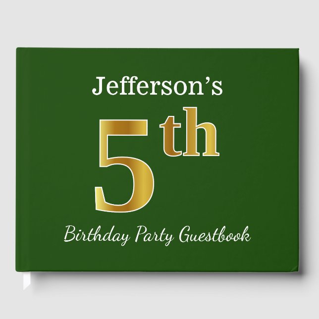 Green, Faux Gold 5th Birthday Party + Custom Name Guest Book (Front)
