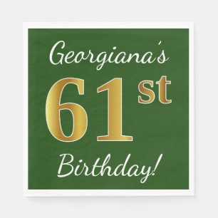 Green, Faux Gold 61st Birthday + Custom Name Napkin