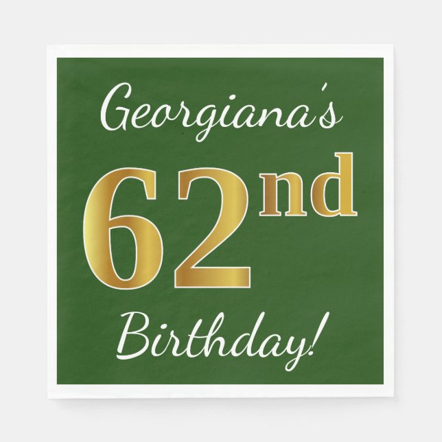 Green, Faux Gold 62nd Birthday + Custom Name Napkin (Front)