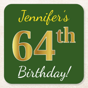 Green, Faux Gold 64th Birthday + Custom Name Square Paper Coaster