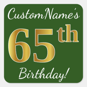 Green, Faux Gold 65th Birthday + Custom Name Square Sticker