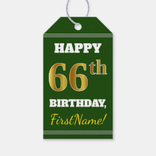 Green, Faux Gold 66th Birthday + Custom Name Gift Tags