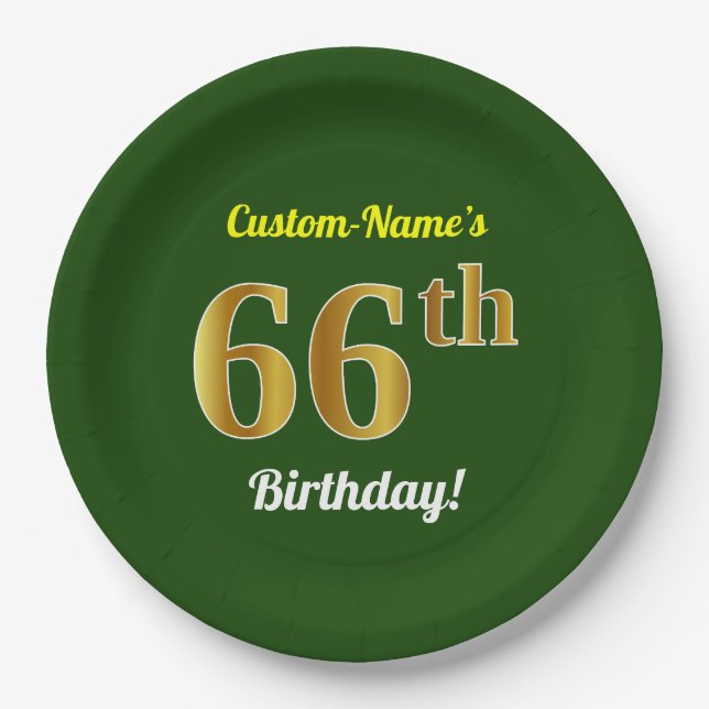 Green, Faux Gold 66th Birthday + Custom Name Paper Plate (Front)