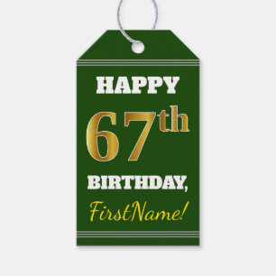 Green, Faux Gold 67th Birthday + Custom Name Gift Tags