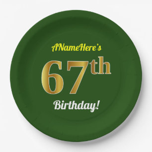 Green, Faux Gold 67th Birthday + Custom Name Paper Plate
