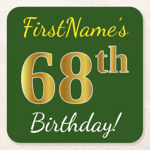 Green, Faux Gold 68th Birthday + Custom Name Square Paper Coaster
