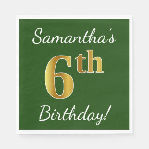 Green, Faux Gold 6th Birthday + Custom Name Napkin