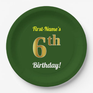 Green, Faux Gold 6th Birthday + Custom Name Paper Plate