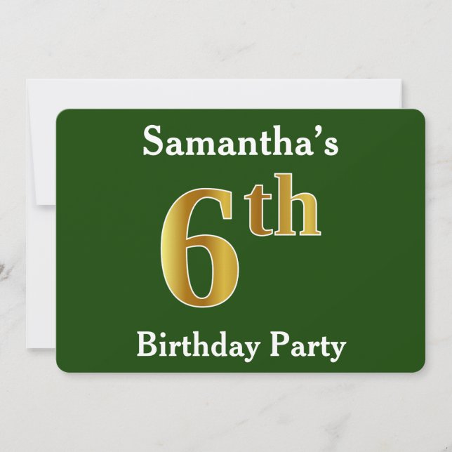 Green, Faux Gold 6th Birthday Party + Custom Name Invitation (Front)