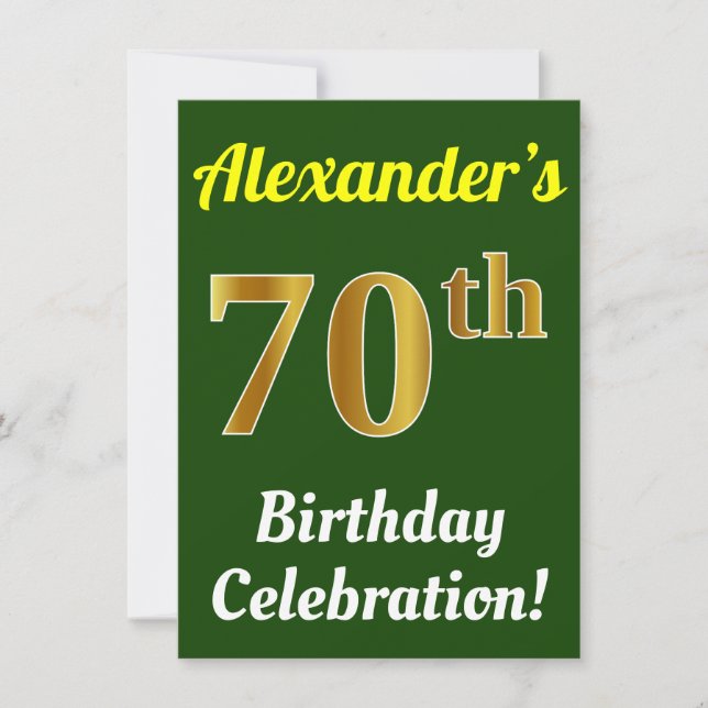 Green, Faux Gold 70th Birthday Celebration + Name Invitation (Front)