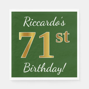 Green, Faux Gold 71st Birthday + Custom Name Napkin