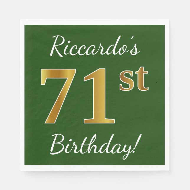 Green, Faux Gold 71st Birthday + Custom Name Napkin (Front)