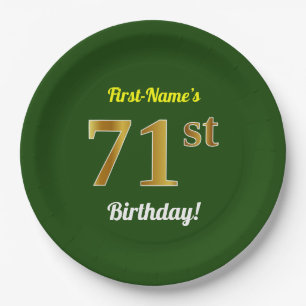 Green, Faux Gold 71st Birthday + Custom Name Paper Plate