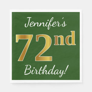 Green, Faux Gold 72nd Birthday + Custom Name Napkin