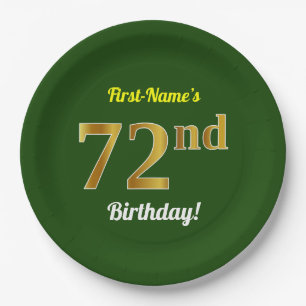 Green, Faux Gold 72nd Birthday + Custom Name Paper Plate
