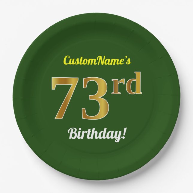 Green, Faux Gold 73rd Birthday + Custom Name Paper Plate (Front)