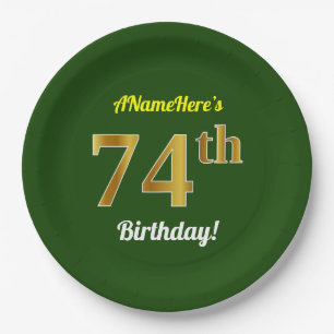 Green, Faux Gold 74th Birthday + Custom Name Paper Plate