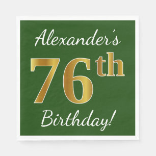 Green, Faux Gold 76th Birthday + Custom Name Napkin