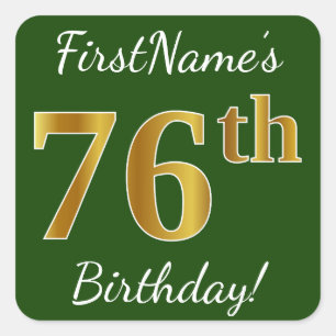 Green, Faux Gold 76th Birthday + Custom Name Square Sticker