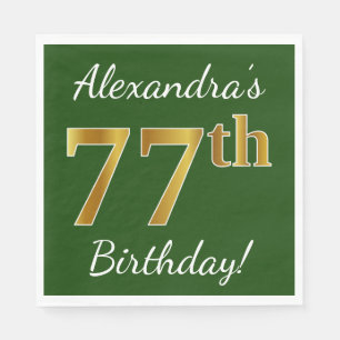 Green, Faux Gold 77th Birthday + Custom Name Napkin