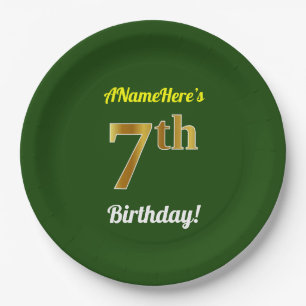 Green, Faux Gold 7th Birthday + Custom Name Paper Plate