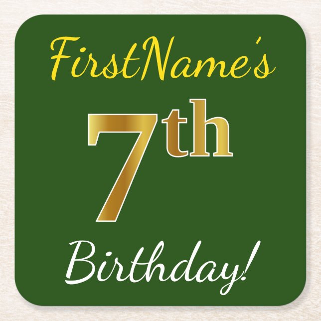 Green, Faux Gold 7th Birthday + Custom Name Square Paper Coaster (Front)