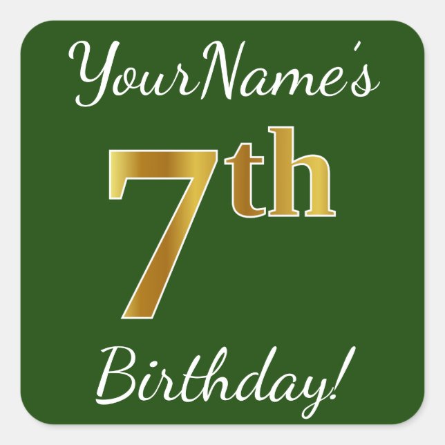 Green, Faux Gold 7th Birthday + Custom Name Square Sticker (Front)