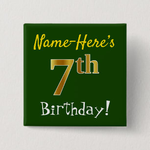 Green, Faux Gold 7th Birthday, With Custom Name 2 Inch Square Button