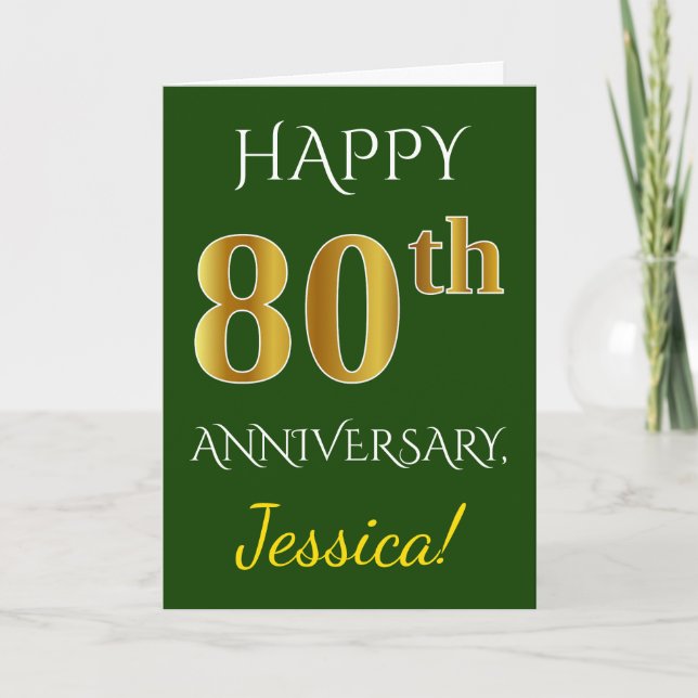 Green, Faux Gold 80th Wedding Anniversary + Name Card (Front)