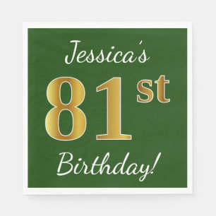 Green, Faux Gold 81st Birthday + Custom Name Napkin