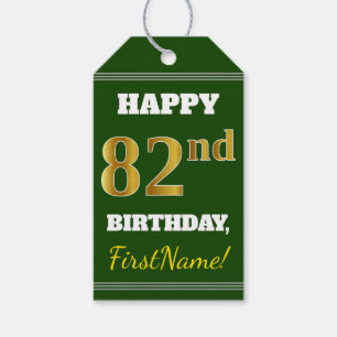 Green, Faux Gold 82nd Birthday + Custom Name Gift Tags