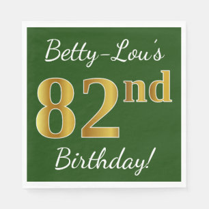 Green, Faux Gold 82nd Birthday + Custom Name Napkin