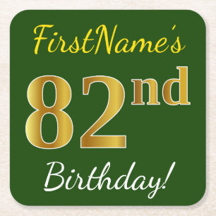 Green, Faux Gold 82nd Birthday + Custom Name Square Paper Coaster