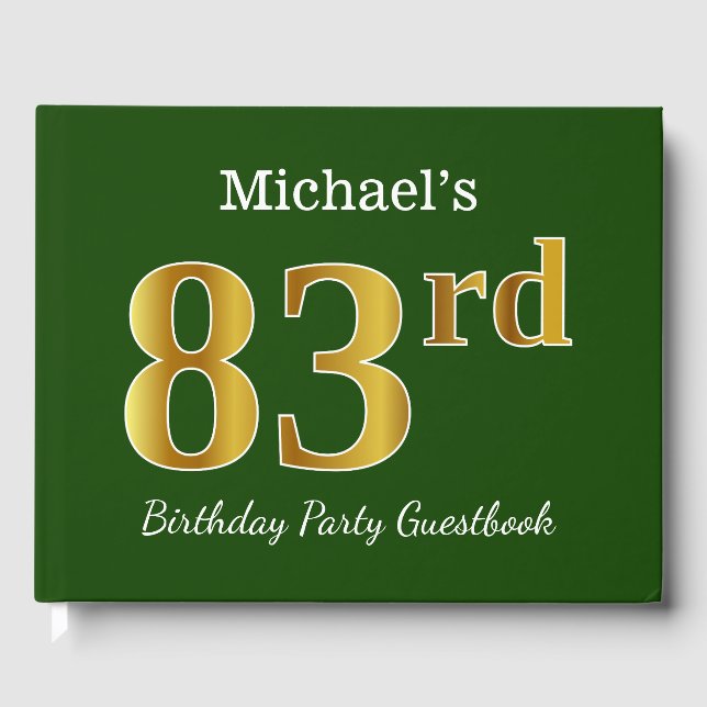 Green, Faux Gold 83rd Birthday Party + Custom Name Guest Book (Front)