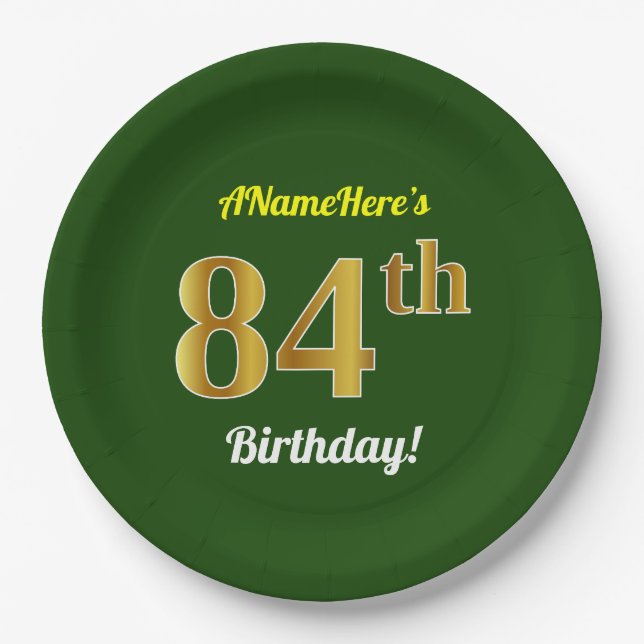 Green, Faux Gold 84th Birthday + Custom Name Paper Plate (Front)