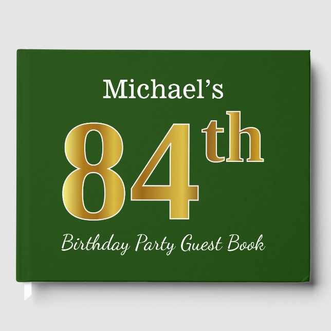 Green, Faux Gold 84th Birthday Party + Custom Name Guest Book (Front)