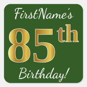 Green, Faux Gold 85th Birthday + Custom Name Square Sticker