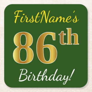 Green, Faux Gold 86th Birthday + Custom Name Square Paper Coaster
