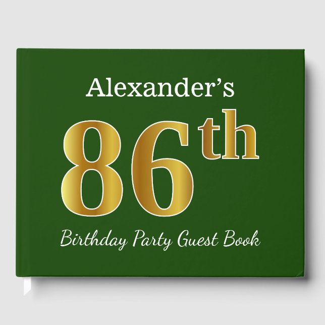 Green, Faux Gold 86th Birthday Party + Custom Name Guest Book (Front)