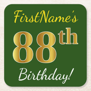 Green, Faux Gold 88th Birthday + Custom Name Square Paper Coaster