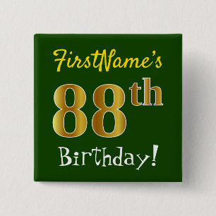 Green, Faux Gold 88th Birthday, With Custom Name 2 Inch Square Button