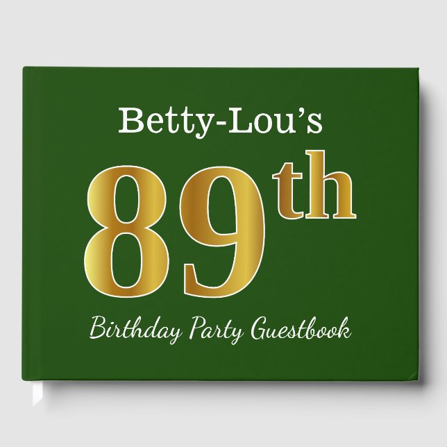 Green, Faux Gold 89th Birthday Party + Custom Name Guest Book (Front)